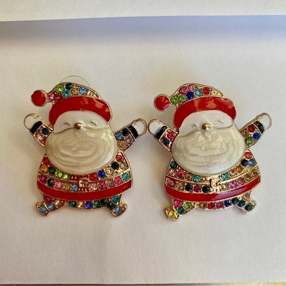 Santa Holiday Rhinestone Pierced Enamel Earrings - Picture 1 of 8